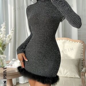 Black Long Sleeve Winter Dress Black Sparkly with Feathers